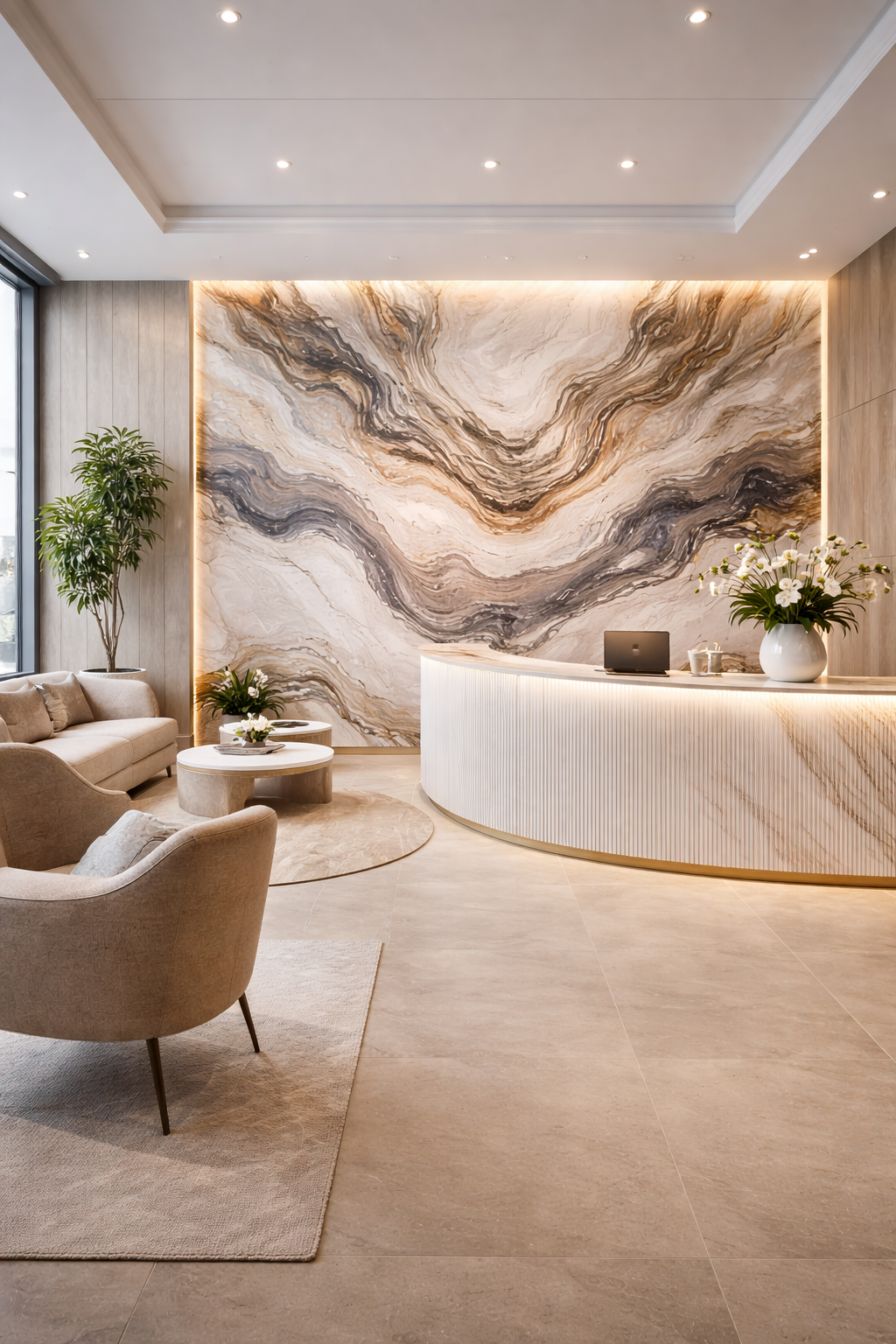 Marble-effect wallcovering in a refined commercial interior