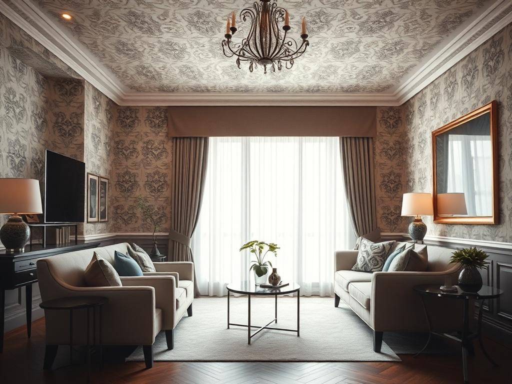 Floral wallpaper installation behind a rich red seating area