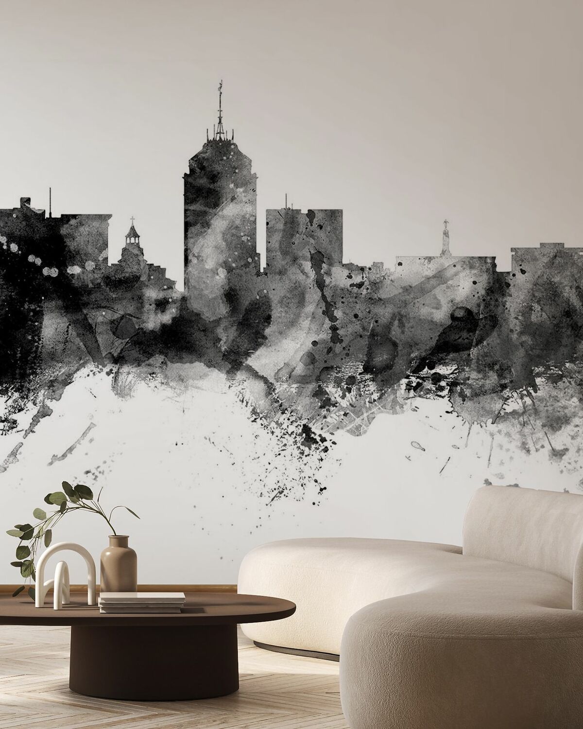 Fresno skyline mural installed in a bright interior