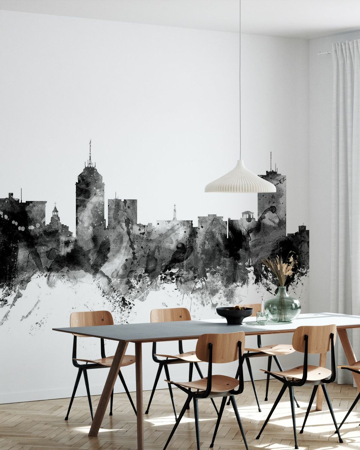 Wallpaper mural creating a feature wall in a dining room